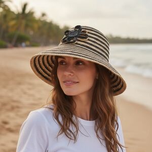 Magid Hats Wheat Straw Blue Tan Striped Floral Accent NWT